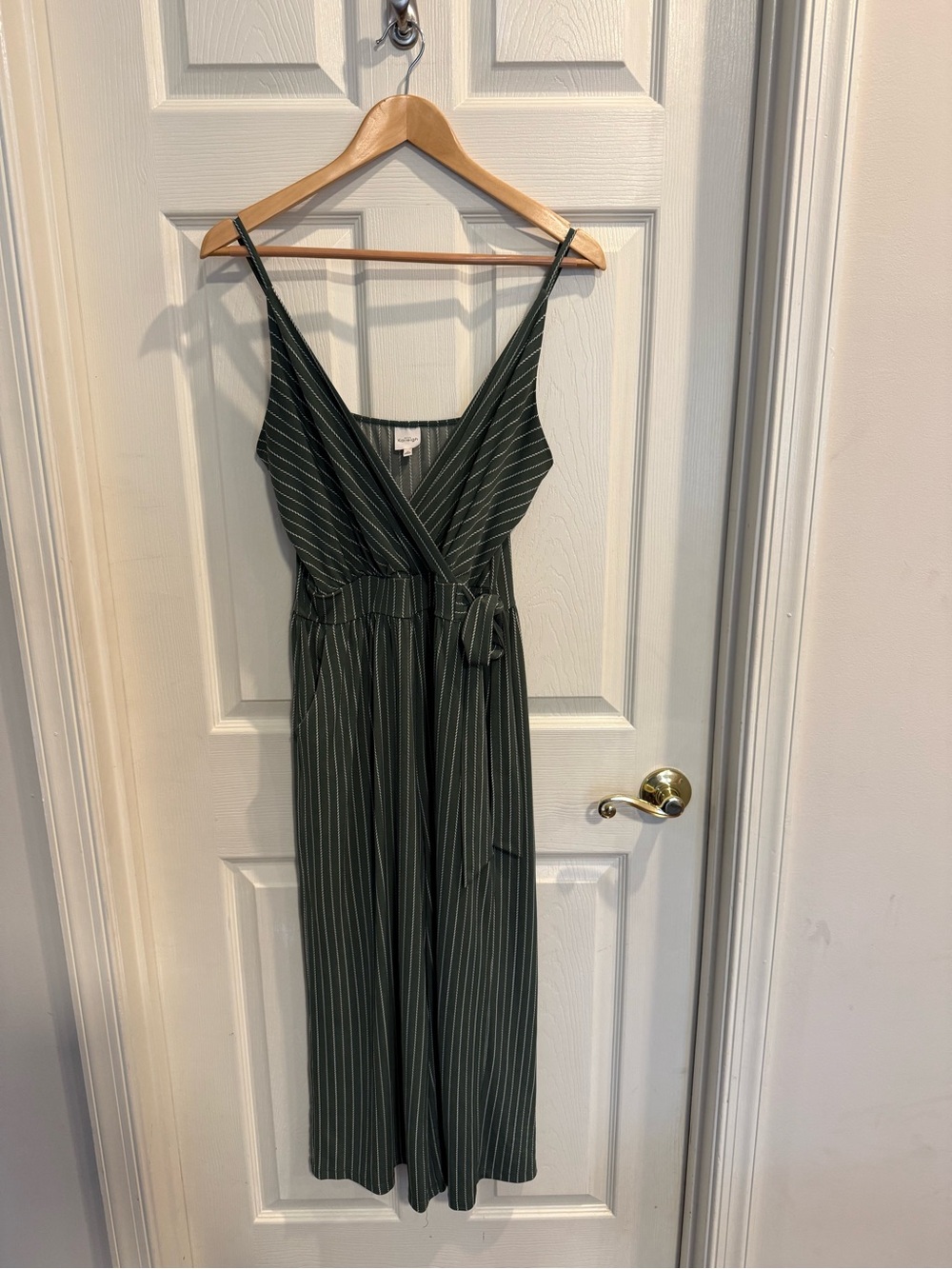 Kaileigh Olive Green Pinstripe Wrap Jumpsuit